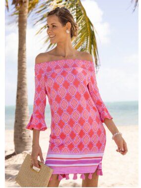 NWT Cabana Life Coral Geo Coverluxe Smocked Dress UV Protection Medium